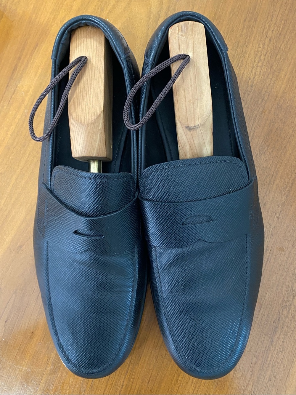 Prada Black Textured Leather Penny Loafers